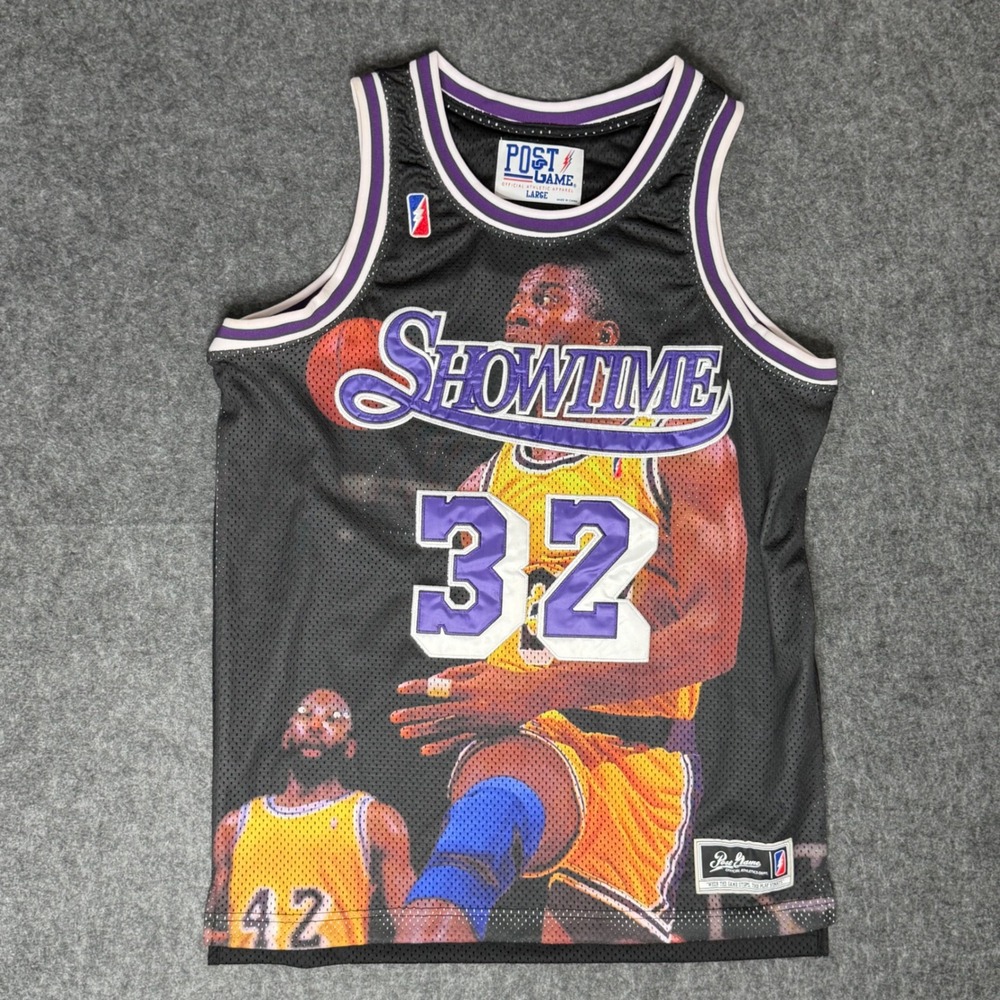 Post Game Showtime Magic Johnson 32 Lakers Mesh Basketball Jersey Black Mens L